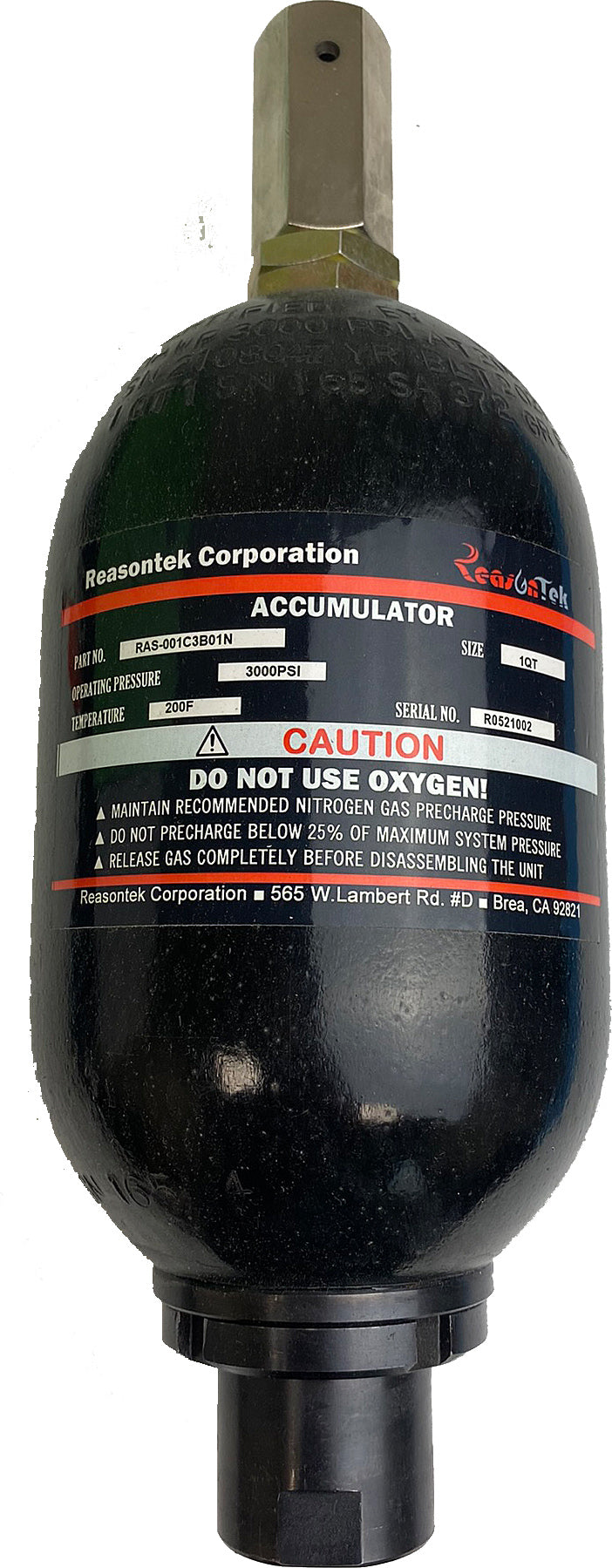 1QT/1L Accumulator, RAS-002C3B01S, 3000 PSI, SAE#12, Parker